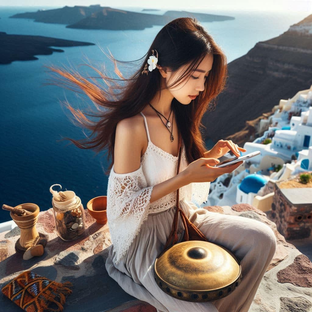 אישה עומדת על הר גבוהה משתמשת בפלאפון ומאחוריה יש נוף של עיר וים - הסים המעופף